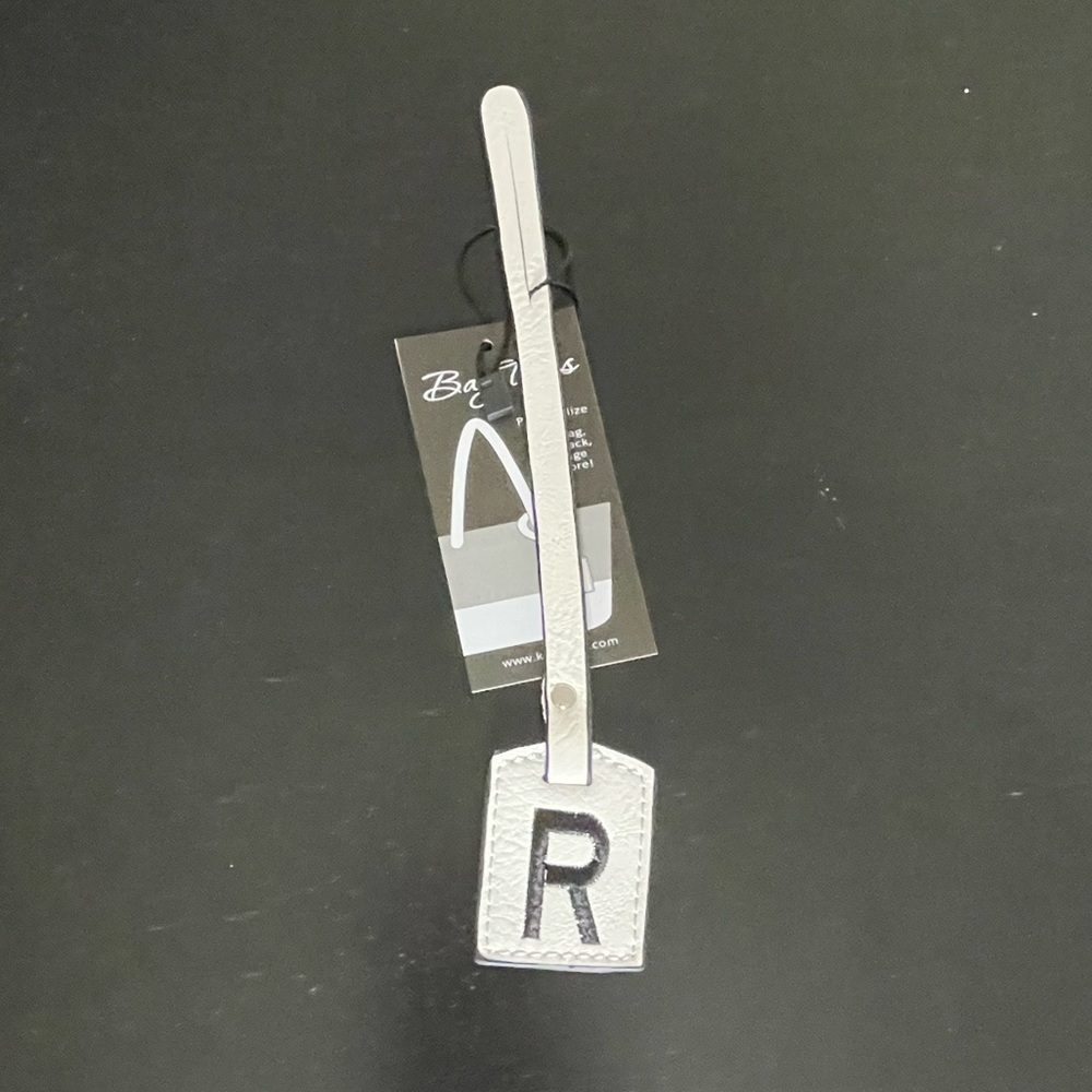 NWT “K•Carroll” Bag Tag,  Monogram Letter "R" White Bag Tag with "Black" Letter